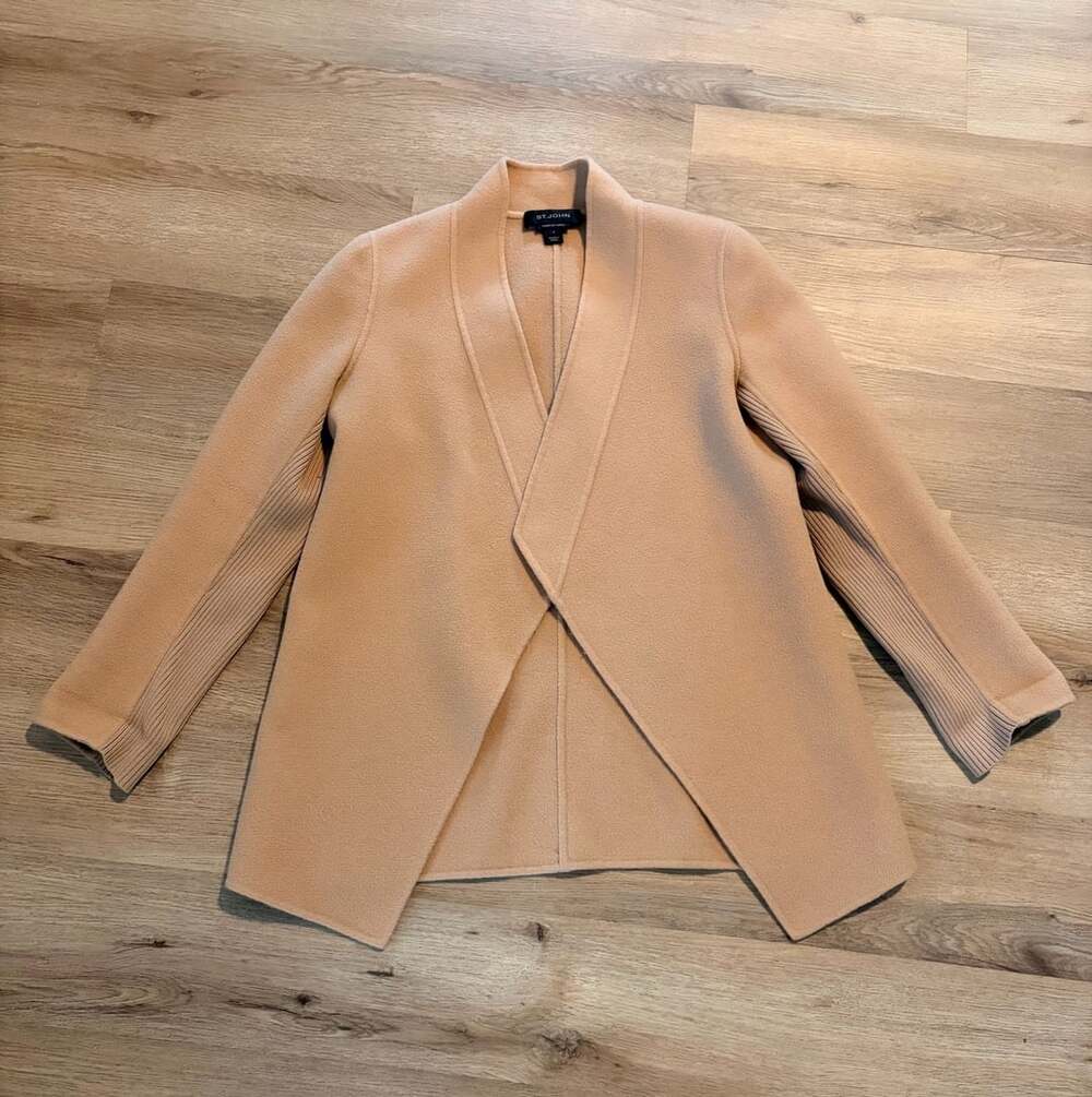 St. John Jacket Size 6 Camel Wool Cashmere Shawl Collar Cardigan